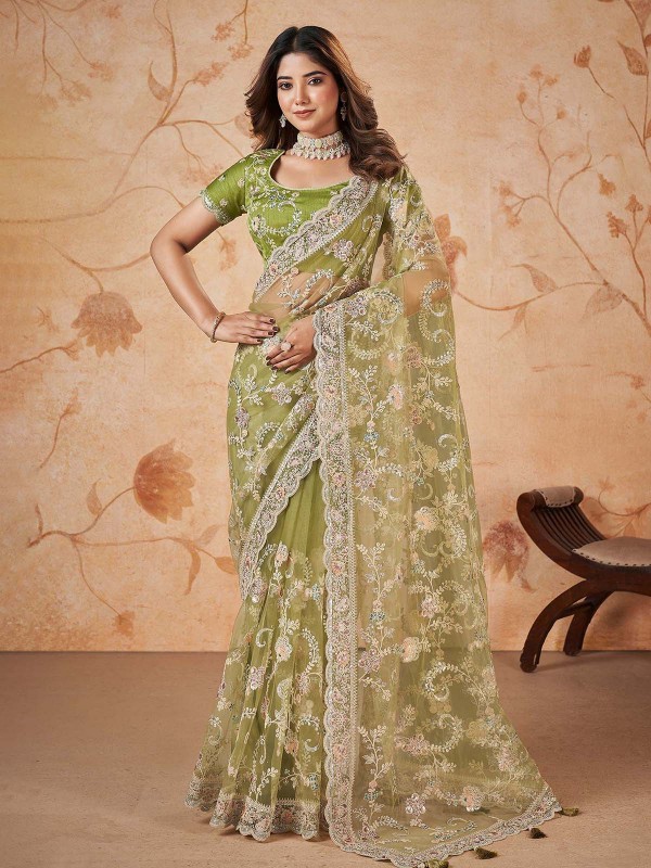 Light Green Premium Net Saree